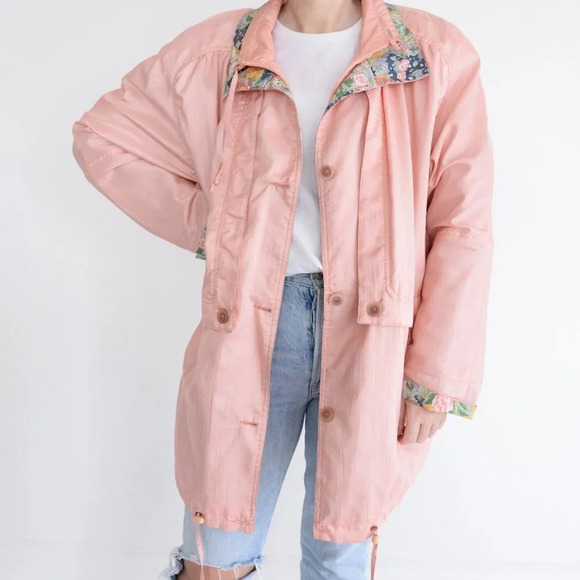 Vintage Sequence Peach Nylon w Floral  Collar & Cuff Zip Up Utility Jacket 18 - Picture 1 of 12